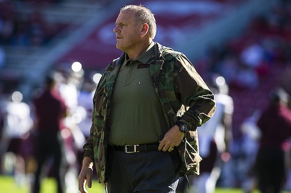 Arkansas coach Sam Pittman is shown prior to a game a game against Mississippi State on Saturday, Nov. 6, 2021, in Fayetteville.