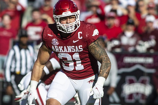 Arkansas linebacker Grant Morgan is shown during a game against Mississippi State on Saturday, Nov. 6, 2021, in Fayetteville.