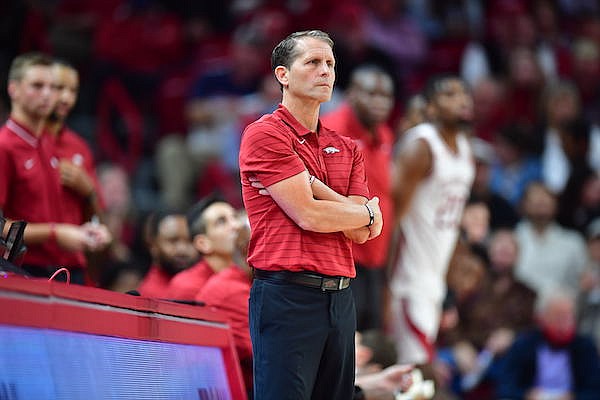 Arkansas coach Eric Musselman is shown during a game against Mercer on Tuesday, Nov. 9, 2021, in Fayetteville.