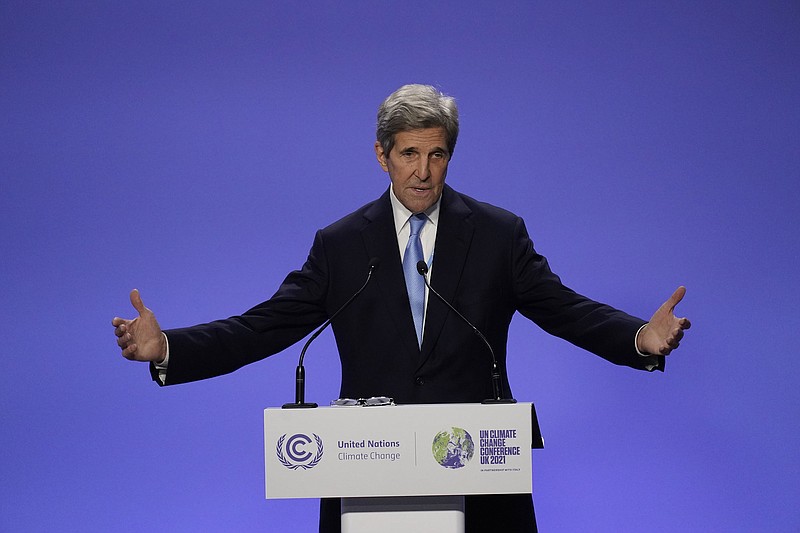 U.S. climate envoy John Kerry (shown) and his Chinese counterpart, Xie Zhenhua, announced Wednesday in Glasgow that their countries would cooperate to speed the reductions in emissions set forth in the 2015 Paris Agreement. “We need to think big and be responsible,” Xie said.
(AP/Alberto Pezzali)