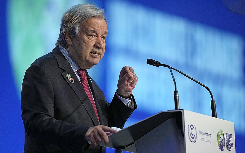 U.N. Secretary-General Antonio Guterres addresses the climate summit Thursday in Glasgow, Scotland. Guterres told climate negotiators that “promises ring hollow when the fossil fuels industry still receives trillions in subsidies.”
(AP/Alastair Grant)