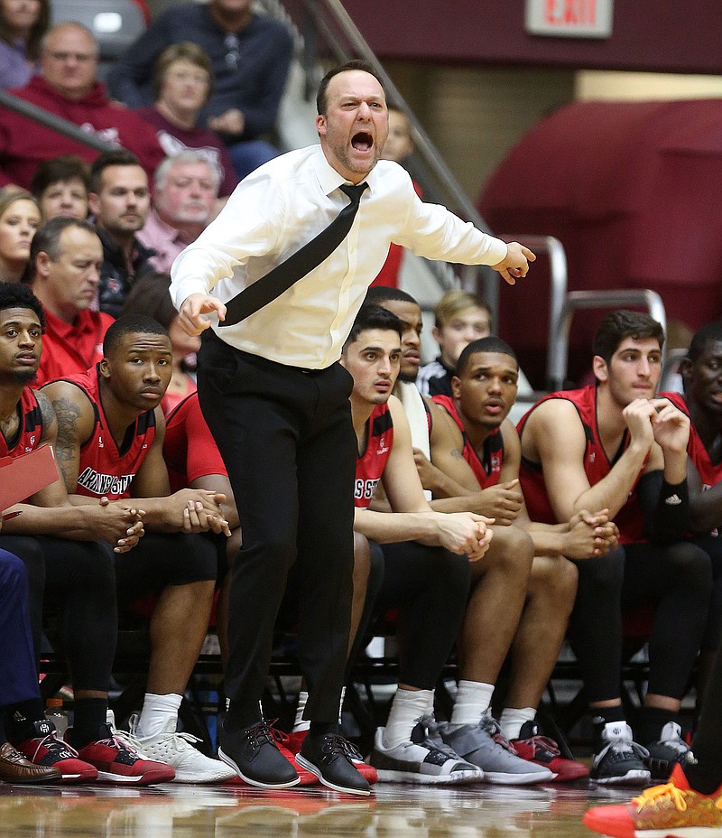 Arkansas State Coach Mike Balado said he wanted today’s game against No. 11 Illinois to give some national attention to players like guard Desi Sills and Sun Belt Conference Preseason Player of the Year Norchad Omier.
(Arkansas Democrat-Gazette/Thomas Metthe)