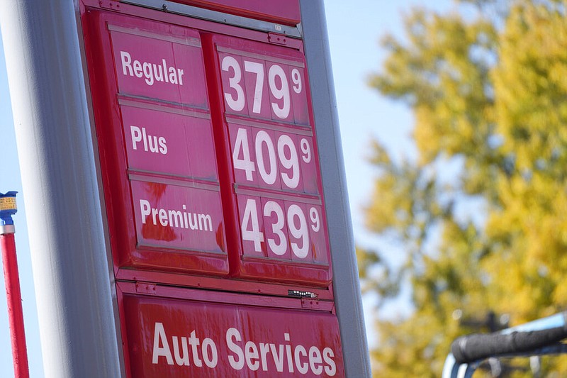 The prices for grades of gasoline are shown on a sign outside a Conoco station in Denver on Friday, Nov. 5, 2021. (AP/David Zalubowski)