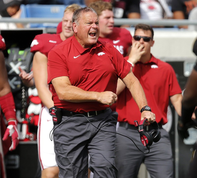 Arkansas Coach Sam Pittman has the Razorbacks on solid footing heading into today’s matchup at LSU. The Razorbacks, who have a College Football Playoff ranking for the first time in five years, are favored by 2 1/2 points against the Tigers.
(Arkansas Democrat-Gazette/Thomas Metthe)