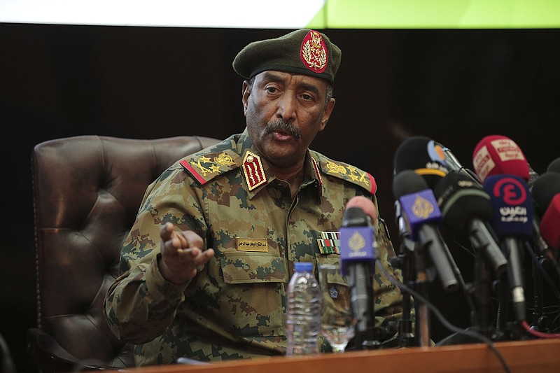 Gen. Abdel-Fattah Burhan speaks at a news conference Oct. 26 at the General Command of the Armed Forces in Khartoum, Sudan, a day after he took power in a military coup.
(AP/Marwan Ali)