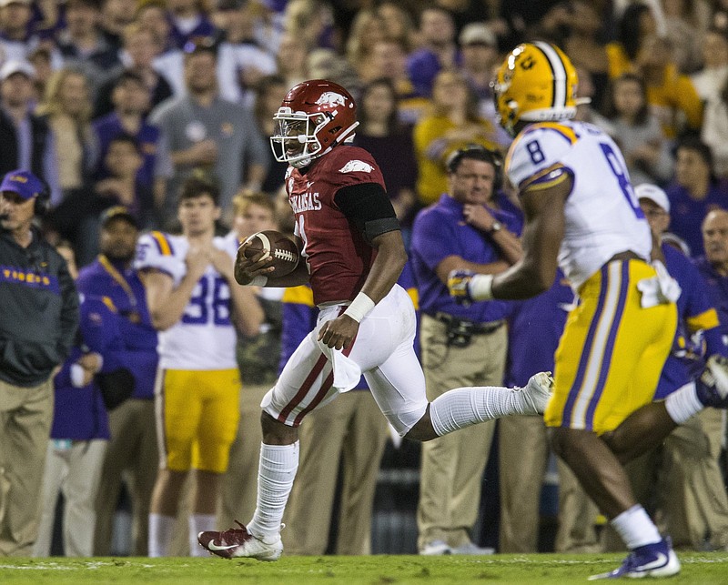 Arkansas quarterback KJ Jefferson made his first collegiate start in 2019 at top-ranked LSU. The Tigers won 56-20 and Jefferson left the game in the third quarter with a concussion.
(Democrat-Gazette file photo)