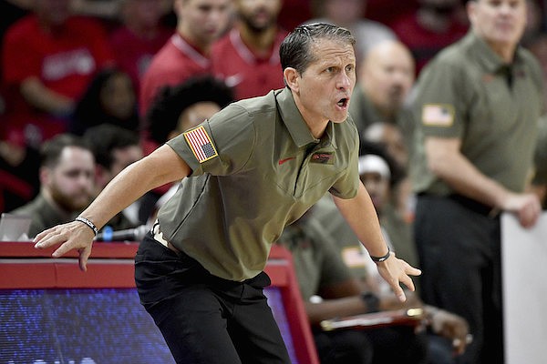 Arkansas coach Eric Musselman reacts to a call against Gardner-Webb during the first half of an NCAA college basketball game, Saturday, Nov. 13, 2021, in Fayetteville. (AP Photo/Michael Woods) Arkansas coach Eric Musselman reacts to a call against Gardner-Webb during the first half of an NCAA college basketball game, Saturday, Nov. 13, 2021, in Fayetteville. (AP Photo/Michael Woods)