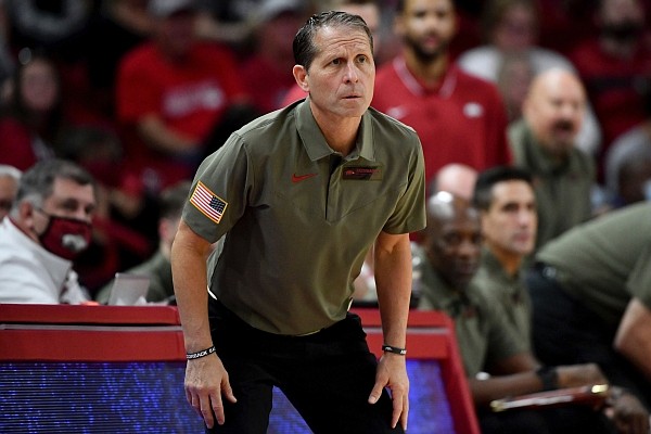 Arkansas coach Eric Musselman reacts on the sidelines against Gardner-Webb during an NCAA college basketball game Saturday Nov. 13, 2021, in Fayetteville, Ark. (AP Photo/Michael Woods)