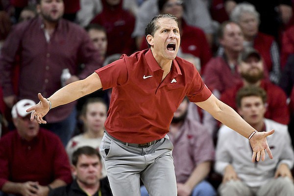 Arkansas coach Eric Musselman reacts to a call during the second half of an NCAA college basketball game against Northern Iowa, Wednesday, Nov. 17, 2021, in Fayetteville. (AP Photo/Michael Woods)