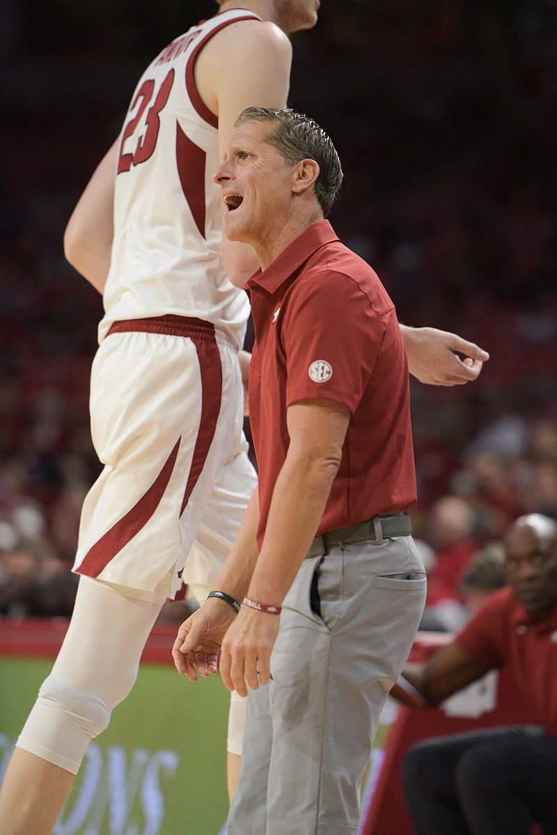 During Coach Eric Musselman’s first season at Arkansas, the Razorbacks led the nation defending against three-pointers. This season, they are one of the worst in the country. “We’re doing the same drills we did with the team that led the nation,” Musselman said. “This team is longer and should do a way better job of defending the three.”
(NWA Democrat-Gazette/Hank Layton)