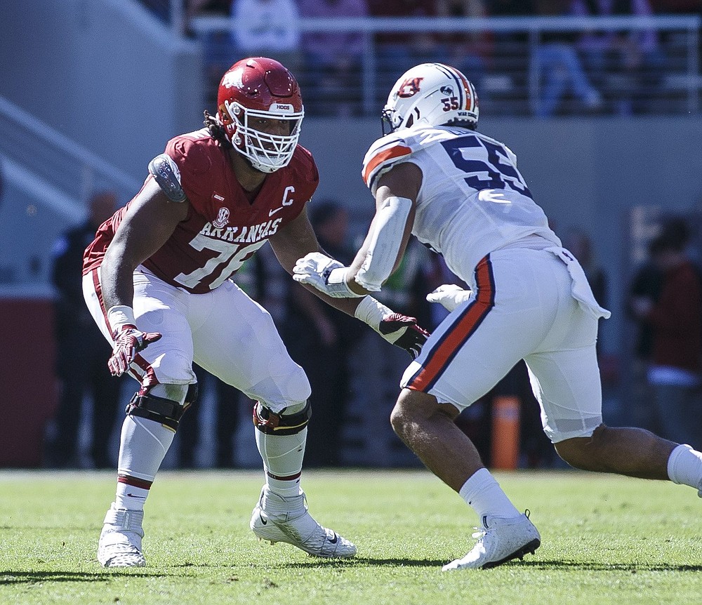 Arkansas offensive tackle Myron Cunningham is a part of large group of players who elected to take an extra year of eligibility and stay another with the Razorbacks.
(Special to the NWA Democrat-Gazette/David Beach)
