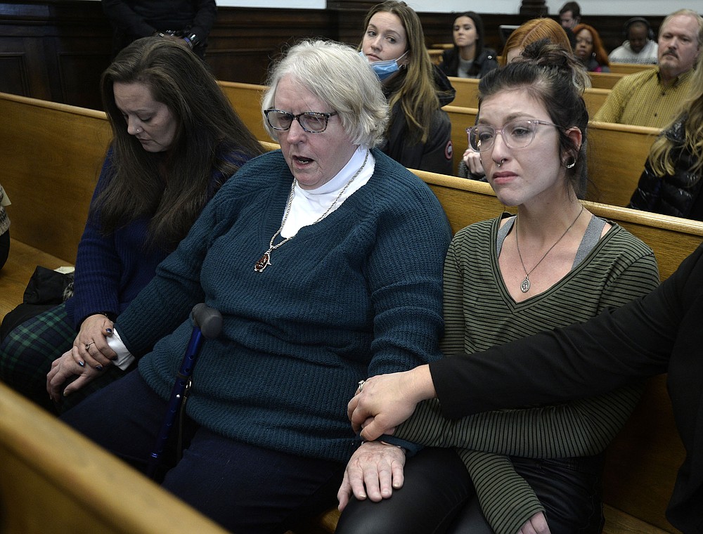 Kariann Swart (from left), Joseph Rosenbaum’s fiancee; Susan Hughes, Anthony Huber’s great-aunt; and Hannah Gittings, Huber’s girlfriend, listen to the verdict Friday at the Kenosha County Courthouse. Kyle Rittenhouse fatally shot Rosenbaum and Huber, and wounded Gaige Grosskreutz in the summer of 2020.
(AP/The Kenosha News/Sean Krajacic)