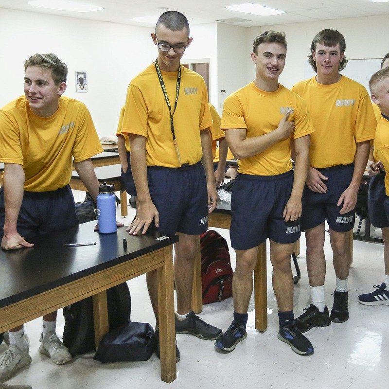 ROTC members compete in a class quiz, Friday, November 5, 2021 at Bentonville High School in Bentonville. Bentonville High School has started the region's first JROTC program. Check out nwaonline.com/211106Daily/ for today's photo gallery. .(NWA Democrat-Gazette/Charlie Kaijo)