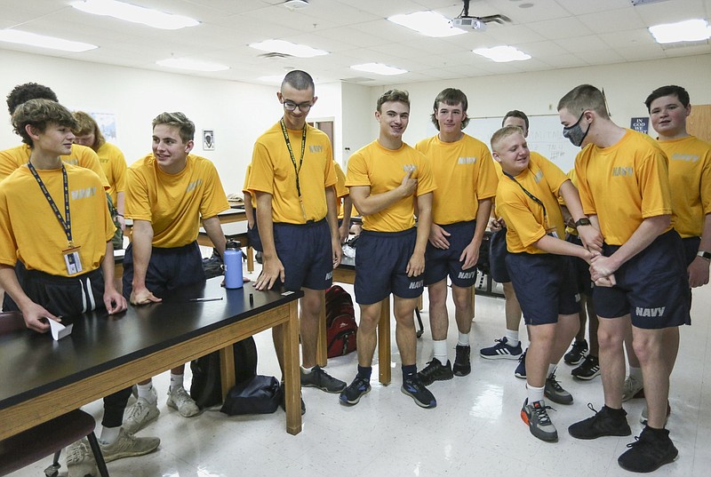 ROTC members compete in a class quiz at Bentonville High School in this Nov. 5, 2021, file photo. The high school in Bentonville has started the region's first JROTC program. (NWA Democrat-Gazette/Charlie Kaijo)