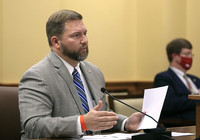 FILE Rep. Jim Dotson, R-Bentonville, presents his bill, HB1113, Tuesday Jan. 26, 2021 during a House Education Committee meeting at the state Capitol in Little Rock.  (Arkansas Democrat-Gazette/Staton Breidenthal)