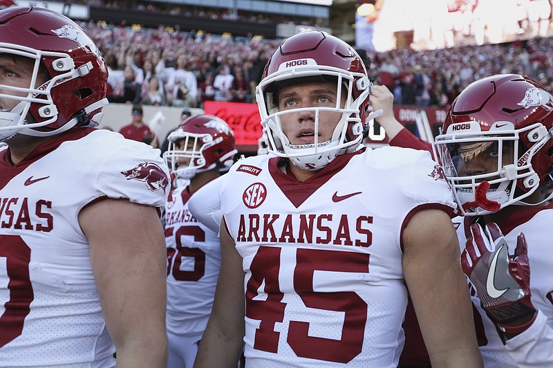 Arkansas linebacker Jackson Woodard (45) looks on, Saturday, Nov. 20, 2021, before a football game at Bryant-Denny Stadium in Tuscaloosa, Ala. (NWA Democrat-Gazette/Charlie Kaijo)