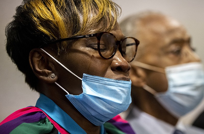 Wanda Cooper-Jones, Ahmaud Arbery’s mother, cries after Travis McMichael’s guilty verdict in her son’s murder was announced Wednesday in the Glynn County Courthouse in Brunswick, Ga.
(AP/Stephen B. Morton)