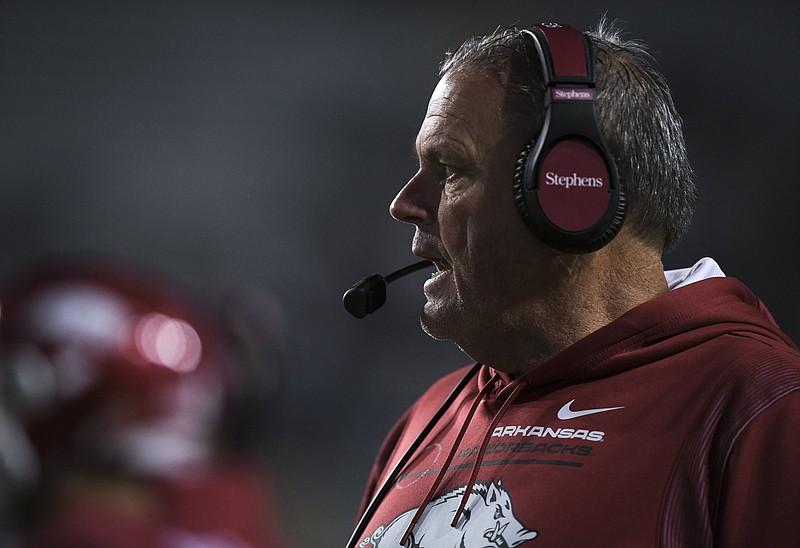 Arkansas head coach Sam Pittman looks on, Saturday, November 13, 2021 during the fourth quarter of a football game at Tiger Stadium in Baton Rouge, La. 
(NWA Democrat-Gazette/Charlie Kaijo)