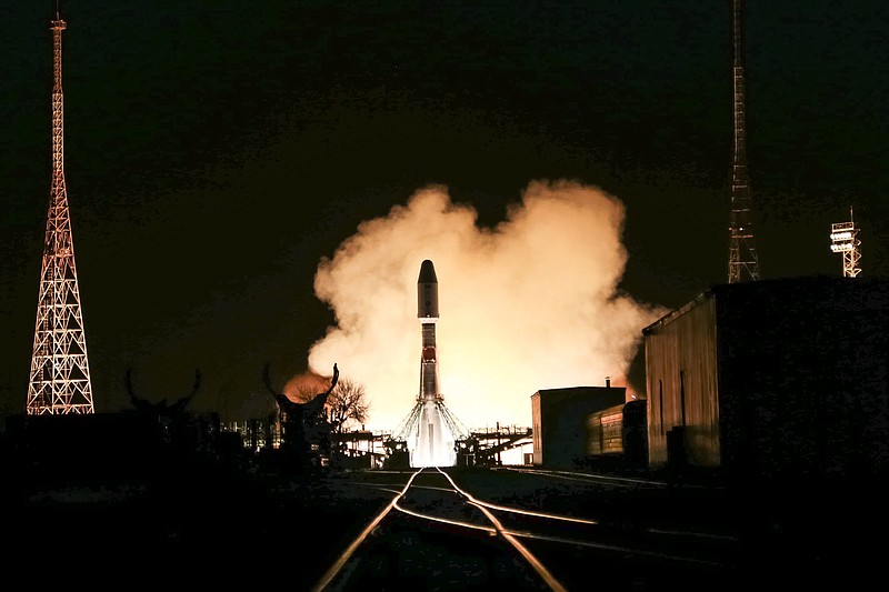 A Soyuz cargo rocket  takes off Wednesday at Russia’s space facility in Baikonur, Kazakhstan.
(AP/Roscosmos Space Agency Press Service)