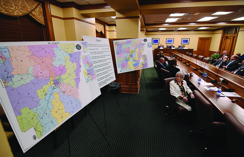 Betty Dickey looks over at the redistricting maps during the Arkansas Board of Apportionment meeting Friday, Oct. 29, 2021, at the state Capitol in Little Rock.  (Arkansas Democrat-Gazette/Staci Vandagriff)
