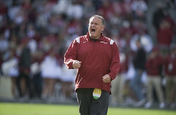 Arkansas coach Sam Pittman is shown prior to a game against Alabama on Saturday, Nov. 20, 2021, in Tuscaloosa, Ala.