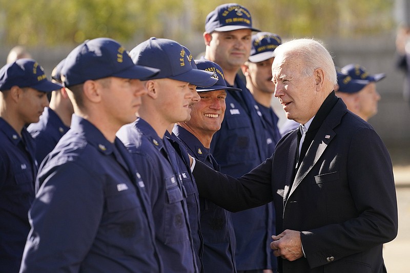 President Joe Biden speaks with members of the Coast Guard Thursday as he visits the United States Coast Guard Station Brant Point in Nantucket, Mass.
(AP/Carolyn Kaster)