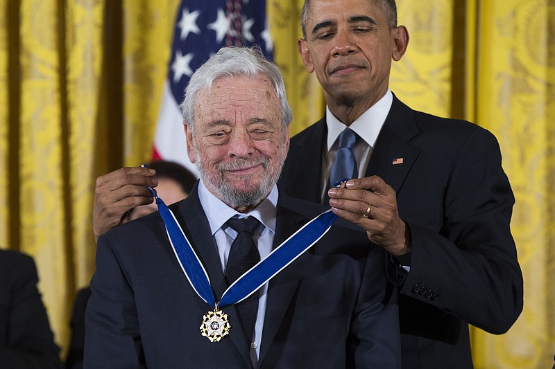 Composer Stephen Sondheim receives the Presidential Medal of Freedom from former President Barack Obama in 2015. Sondheim died Friday at age 91. More photos at arkansasonline.com/1127sondheim/.
(AP/Evan Vucci)