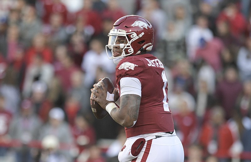 Arkansas quarterback KJ Jefferson looks to pass during a game against Missouri on Friday, Nov. 26, 2021, in Fayetteville. Arkansas quarterback KJ Jefferson looks to pass during a game against Missouri on Friday, Nov. 26, 2021, in Fayetteville.