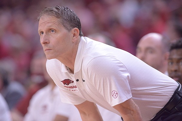 Razorbacks coach Eric Musselman looks toward the action during Arkansas’ win over Pennsylvania on Sunday, Nov. 28, 2021 at Bud Walton Arena in Fayetteville. The Razorbacks won 76-60.