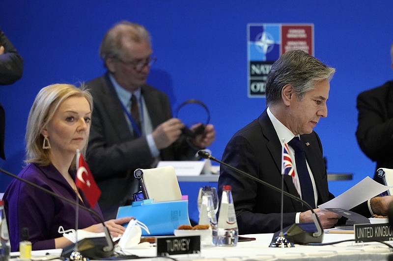 U.S. Secretary of State Antony Blinken (right) and Minister of Foreign Affairs of United Kingdom Elizabeth Truss attend the NATO Foreign Ministers meeting Wednesday in Riga, Latvia.
(AP/Roman Koksarov)