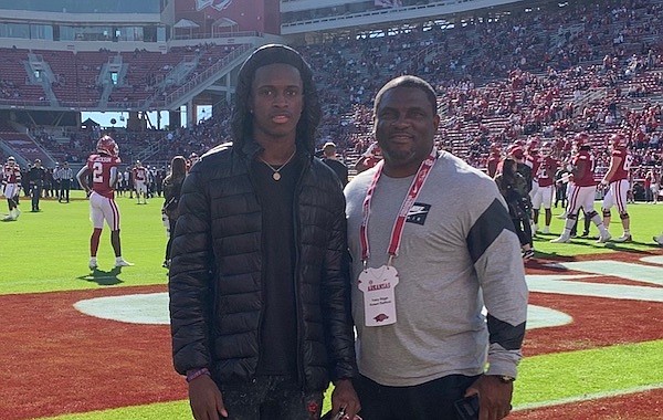 2023 4-star prospect Robert Stafford and his uncle Tracy Biggs before the Arkansas-Mississippi State game on Nov. 6, 2021.