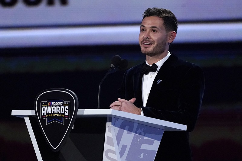 NASCAR Cup Series champion Kyle Larson speaks during the NASCAR Awards on Thursday,in Nashville, Tenn. The event was canceled last year because of the pandemic when Hendrick Motorsports driver Chase Elliott won his first title.
(AP/Mark Humphrey)