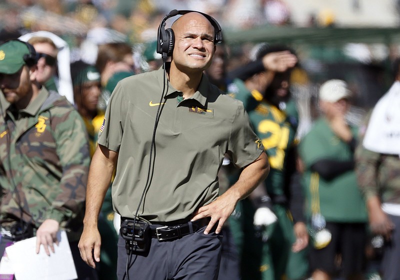 Baylor head coach Dave Aranda looks up at the scoreboard during the first half of an NCAA college football game against Oklahoma in Waco, Texas, Saturday, Nov. 13, 2021. (AP Photo/Ray Carlin)