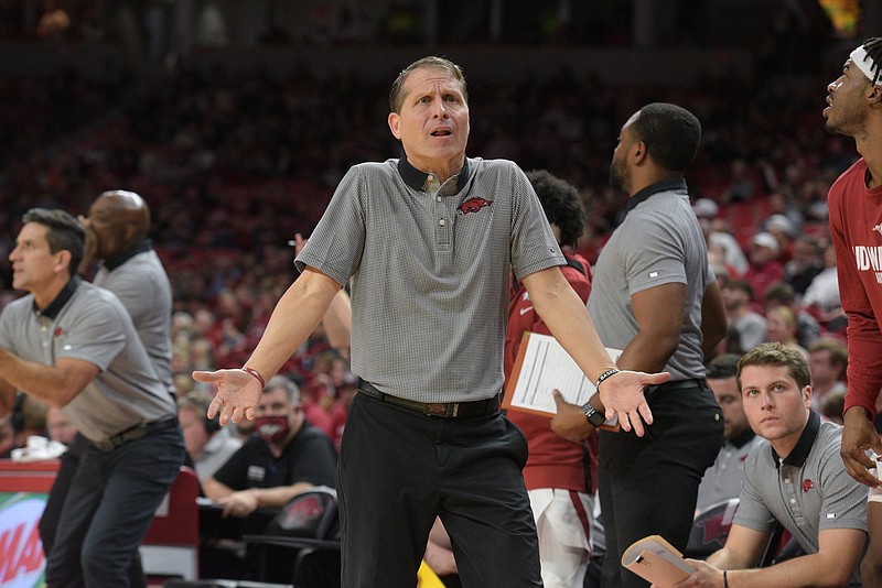 Arkansas Coach Eric Musselman (above) will face UALR Coach Darrell Walker today at Walton Arena in Fayetteville. Musselman and Walker — an All-American guard with the Razorbacks — are among eight current college head coaches who previously held head coaching positions in the NBA.
(NWA Democrat-Gazette/Hank Layton)