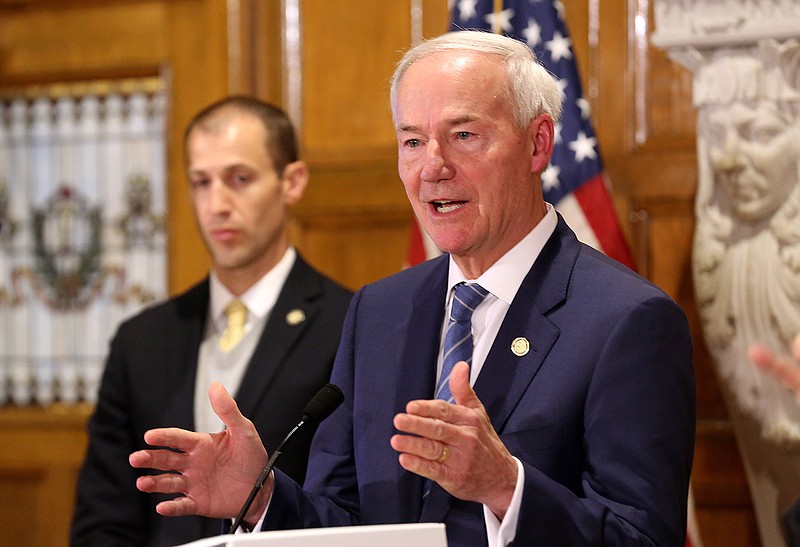 Gov. Asa Hutchinson talks about new OSHA vaccine requirements for businesses during a press conference discussing OSHA and CMS rules for vaccine requirements on Thursday, Nov. 4, 2021, at the state Capitol in Little Rock. (Arkansas Democrat-Gazette/Thomas Metthe)