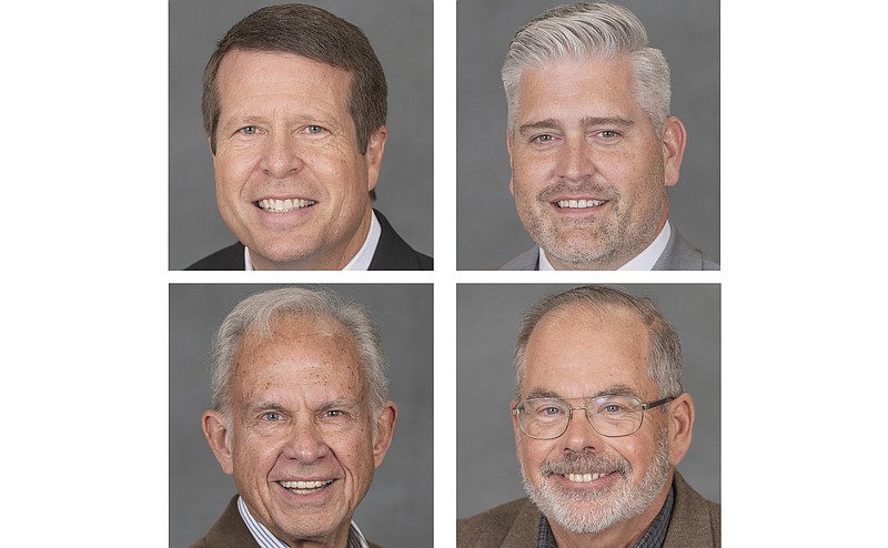 Jim Bob Duggar (top left), Colby Fulfer, Robert "Edge" Nowlin (bottom left), Steve Unger are all running for the special Republican primary for state Senate District 7..