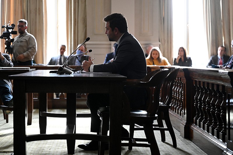 Arkansas Senator Jonathan Dismang, R, answers questions about SB1 during discussion of the bill in the Senate Committee on Revenue and Taxation on the first day of the special session on Tuesday, Dec. 7, 2021. See more photos at arkansasonline.com/1208session/..(Arkansas Democrat-Gazette/Stephen Swofford)