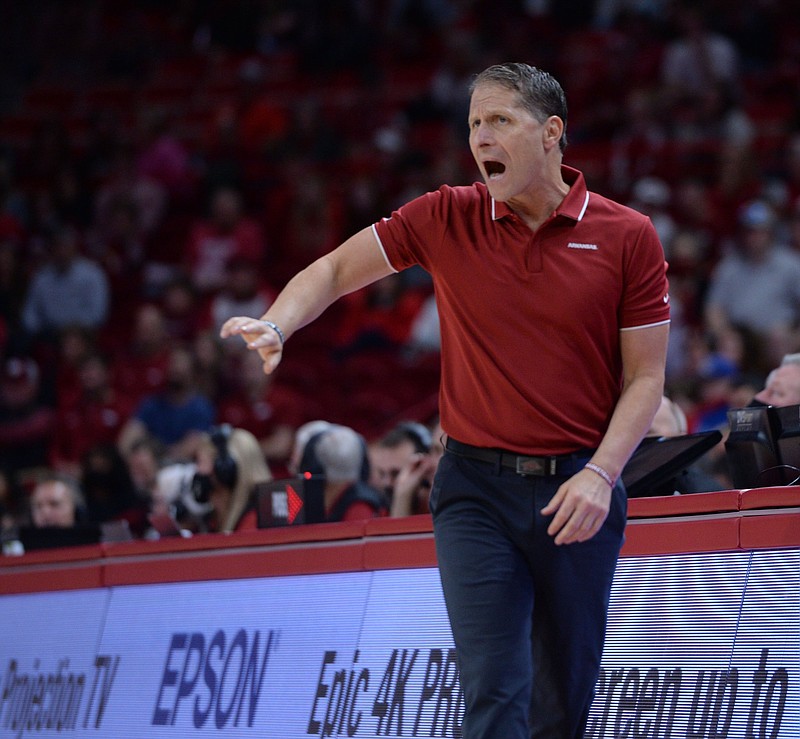 Arkansas coach Eric Musselman directs his players Saturday, Dec. 4, 2021, during the first half of play against Little Rock in Bud Walton Arena in Fayetteville. Visit nwaonline.com/211205Daily/ for today's photo gallery..(NWA Democrat-Gazette/Andy Shupe)