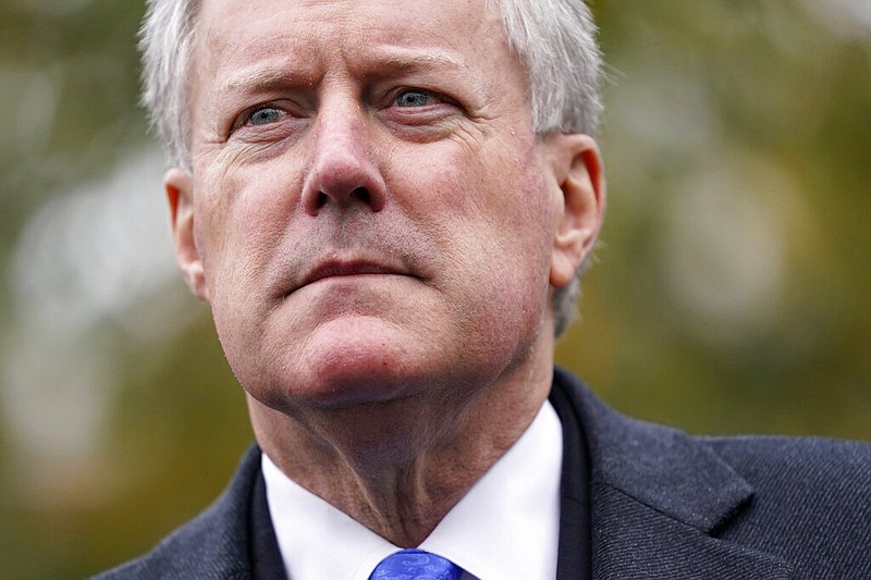 FILE - White House chief of staff Mark Meadows speaks with reporters outside the White House, Oct. 26, 2020, in Washington. In an abrupt reversal, an attorney for former White House chief of staff Mark Meadows says Meadows will not cooperate with a House committee investigating the Jan. 6 Capitol insurrection, citing a breakdown in negotiations with the panel. (AP Photo/Patrick Semansky, File)