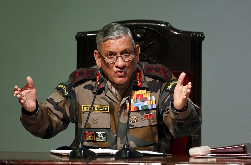 FILE- Indian Army Chief Bipin Rawat speaks during a press conference in New Delhi, India, Jan.12, 2018. (AP, File)