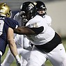 Robinson offensive lineman E'Marion Harris (76) blocks Shiloh Christian defensive lineman Thomas Reece (79) during the fourth quarter of the Senators' 42-14 win over Shiloh Christian in the Class 4A state championship game on Saturday, Dec. 11, 2021, at War Memorial Stadium in Little Rock.