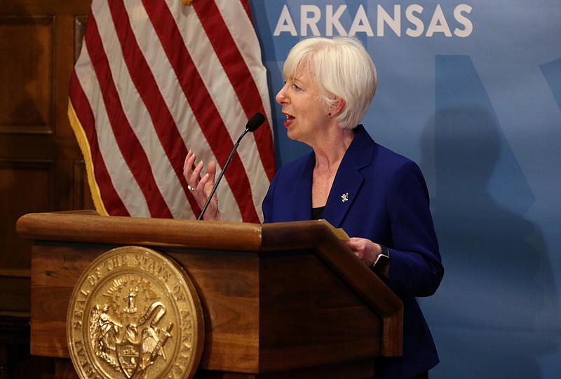 Cindy Gillespie, Secretary of the Arkansas Department of Human Services, talks about the developmentally disabled waitlist during the weekly media briefing on Tuesday, Dec. 14, 2021, at the state Capitol in Little Rock. .More photos at www.arkansasonline.com/1215gov/.(Arkansas Democrat-Gazette/Thomas Metthe)