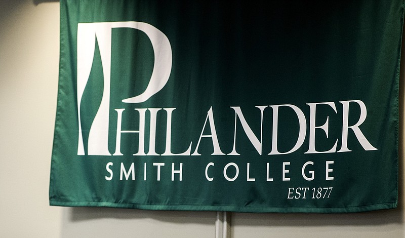 The banner for Philander Smith College in Little Rock is shown in this Oct. 4, 2021, file photo. (Arkansas Democrat-Gazette/Stephen Swofford)