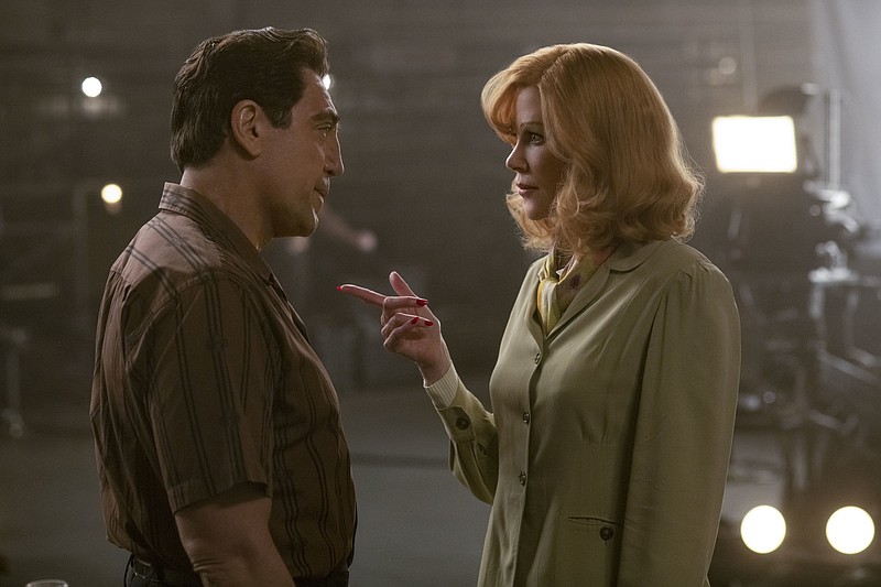 Desi Arnaz (Javier Bardem) is confronted by his wife, Lucille Ball (Nicole Kidman), on the set of their pioneering sit-com “I Love Lucy” in this scene from Aaron Sorkin’s “Being the Ricardos.”