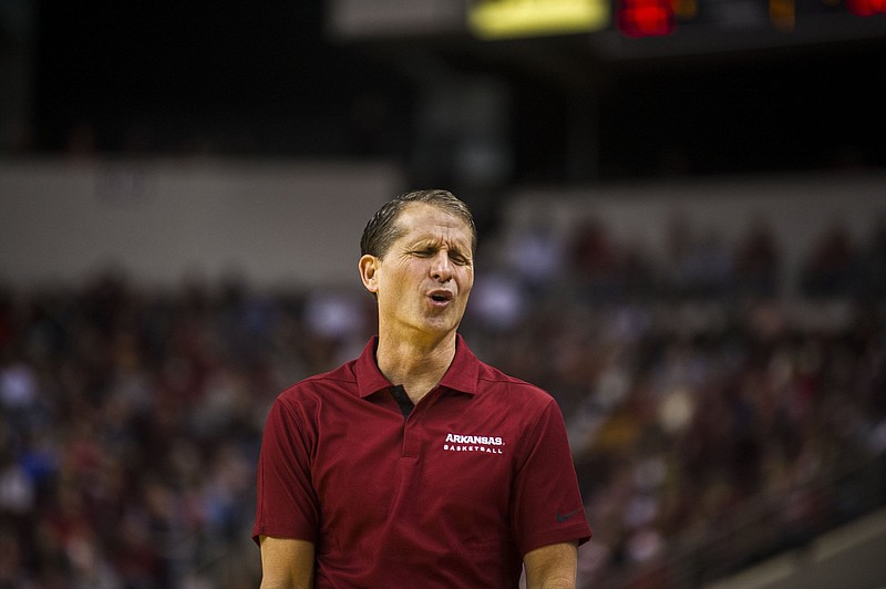 Arkansas Coach Eric Musselman reacts to a missed shot during the Razorbacks’ 89-81 loss to Hofstra on Saturday at Simmons Bank Arena in North Little Rock. It was the second loss in a row for Arkansas. See more photos at arkansasonline.com/1219hogs/
(Arkansas Democrat-Gazette/Stephen Swofford)