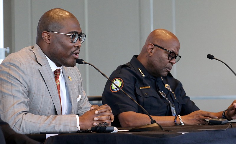 Little Rock Mayor Frank Scott Jr. (left) speaks at a news conference with Little Rock Police Chief Keith Humphrey (right) at the Robinson Center in Little Rock in this June 5, 2020, file photo. (Arkansas Democrat-Gazette/Thomas Metthe)