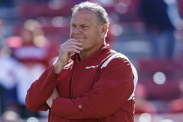 Arkansas coach Sam Pittman is shown prior to a home game against Auburn on Saturday, Oct. 16, 2021, in Fayetteville.