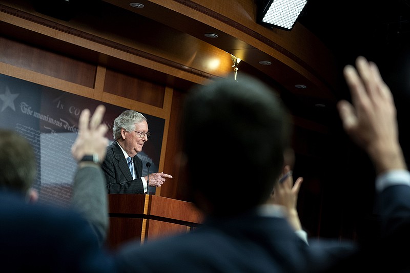 Senate Minority Leader Mitch McConnell, shown at a Dec. 16 news conference, said Wednesday of Senate Democrats’ stalled spending legislation: “As we ended the year, it looks to me like they couldn’t swallow the spinach.”
(The New York Times/Stefani Reynolds)