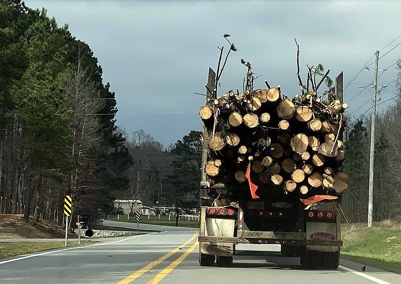 A log truck heads north on Arkansas 9 in Saline County. Officials say 2021 was a roller coaster for the timber business. However, there were plenty of positives. 
(Special to The Commercial/Mary Hightower/University of Arkansas System Division of Agriculture)