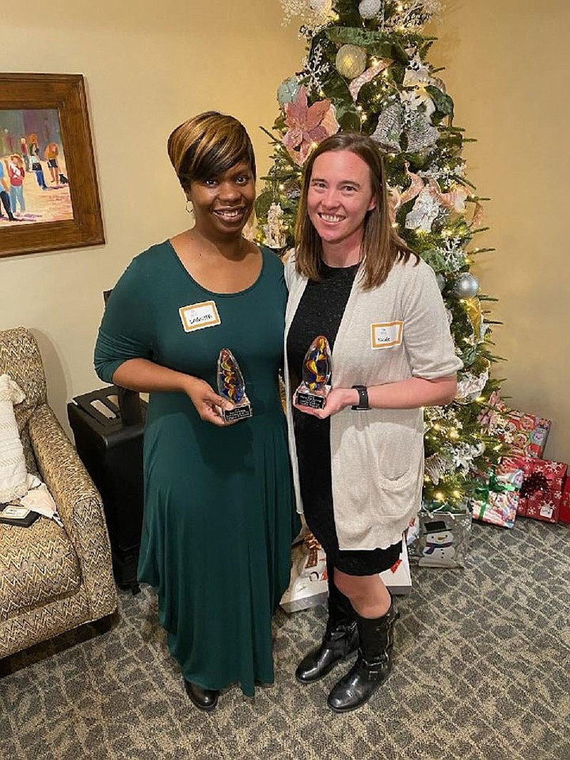  .Laquita Whitfield, board members of the year, and Nicole Winters,  young professional of the year  at the Home for Healing Christmas Party on 12/09/2021 (Arkansas Democrat-Gazette/Cary Jenkins)